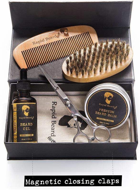 Beard Grooming & Trimming Kit for Men Care - Beard Brush & Comb, Unscented Oil Leave in Conditioner, Mustache & Beard Balm Butter Wax Growth, Styling - Stocking Stuffers Set