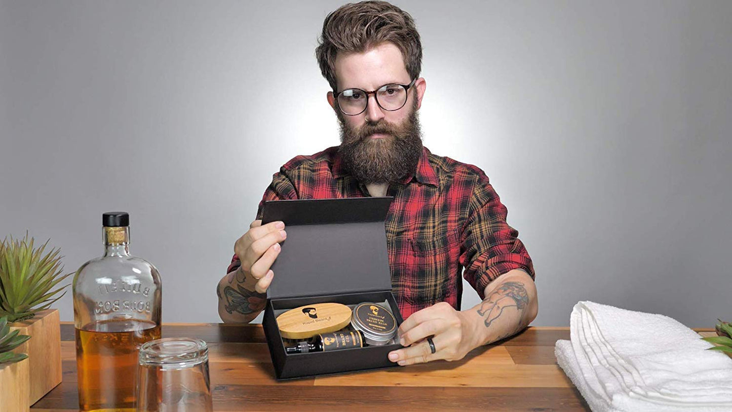 Beard Grooming & Trimming Kit for Men Care - Beard Brush & Comb, Unscented Oil Leave in Conditioner, Mustache & Beard Balm Butter Wax Growth, Styling - Stocking Stuffers Set